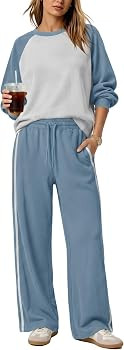 Yanekop Womens 2 Piece Lounge Set Waffle Knit Tops Wide Leg Striped Pants | Amazon (US)