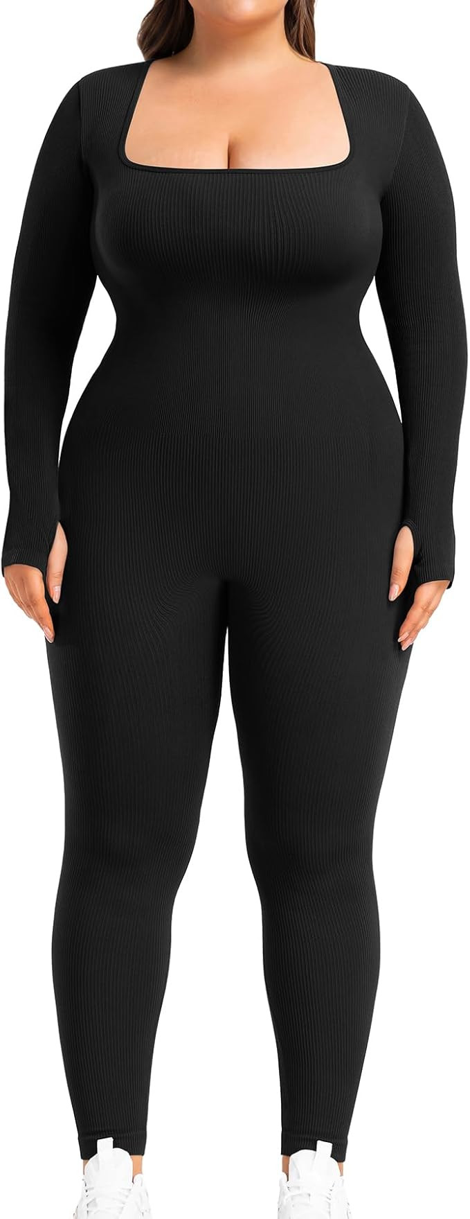 BLEVONH Women's Yoga Jumpsuits Ribbed Workout Rompers Square Neck Long Sleeve Bodysuits Full Leng... | Amazon (US)