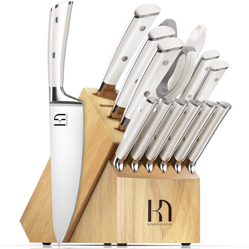 2024 Upgraded Knife Set Premium Japanese 15 Piece High Carbon Stainless Steel Kitchen Knife Block Sets with Sharpener, Razor Sharp Knives Set for Kitchen with Angled Natural Wood Knife Block | Amazon (US)