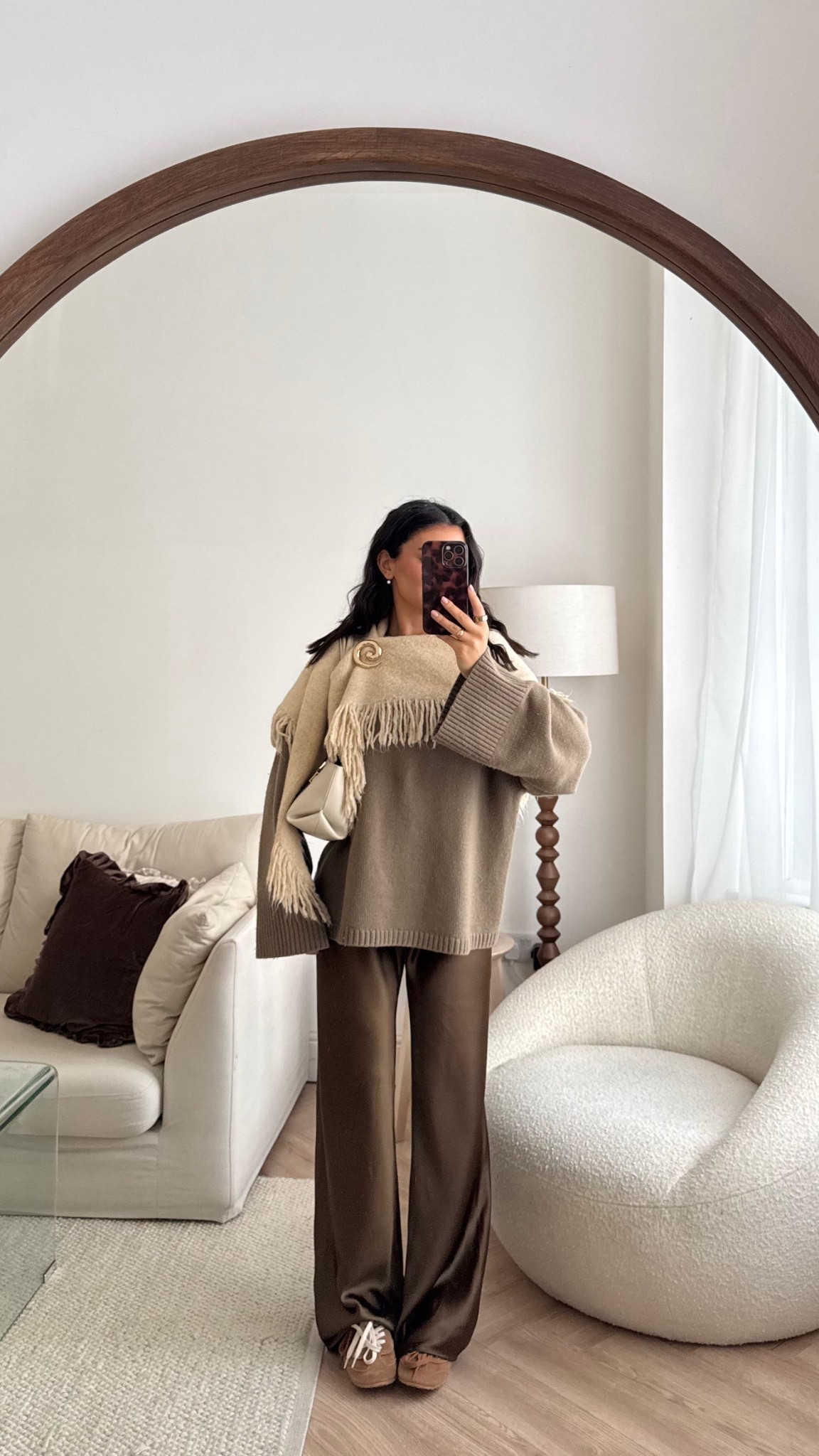 Weekend ootd 🤍 

Satin trousers, cashmere jumper, tonal outfit, casual chic outfit, fringe scarf, demellier bag 

#LTKpetite #LTKuk