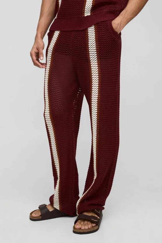 Relaxed Fit Open Stitch Stripe Knitted Trousers | boohooMAN (US & Canada)