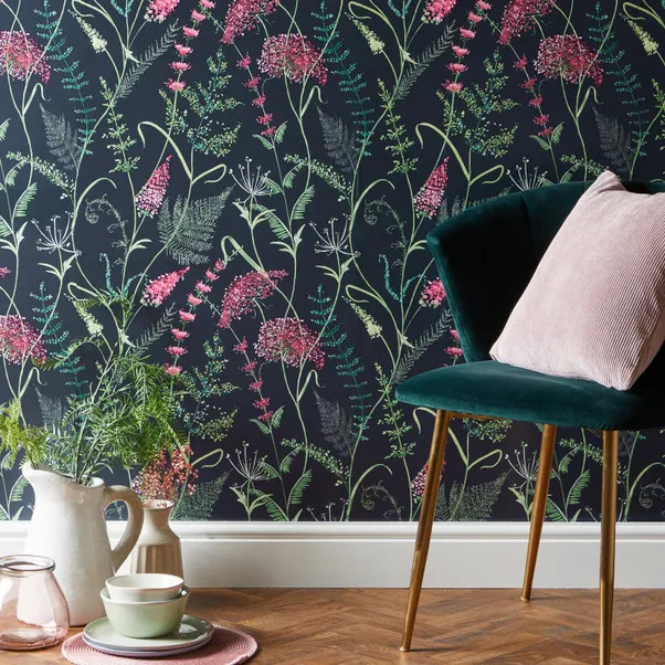 Dorma Winter Garden Navy Wallpaper | Dunelm