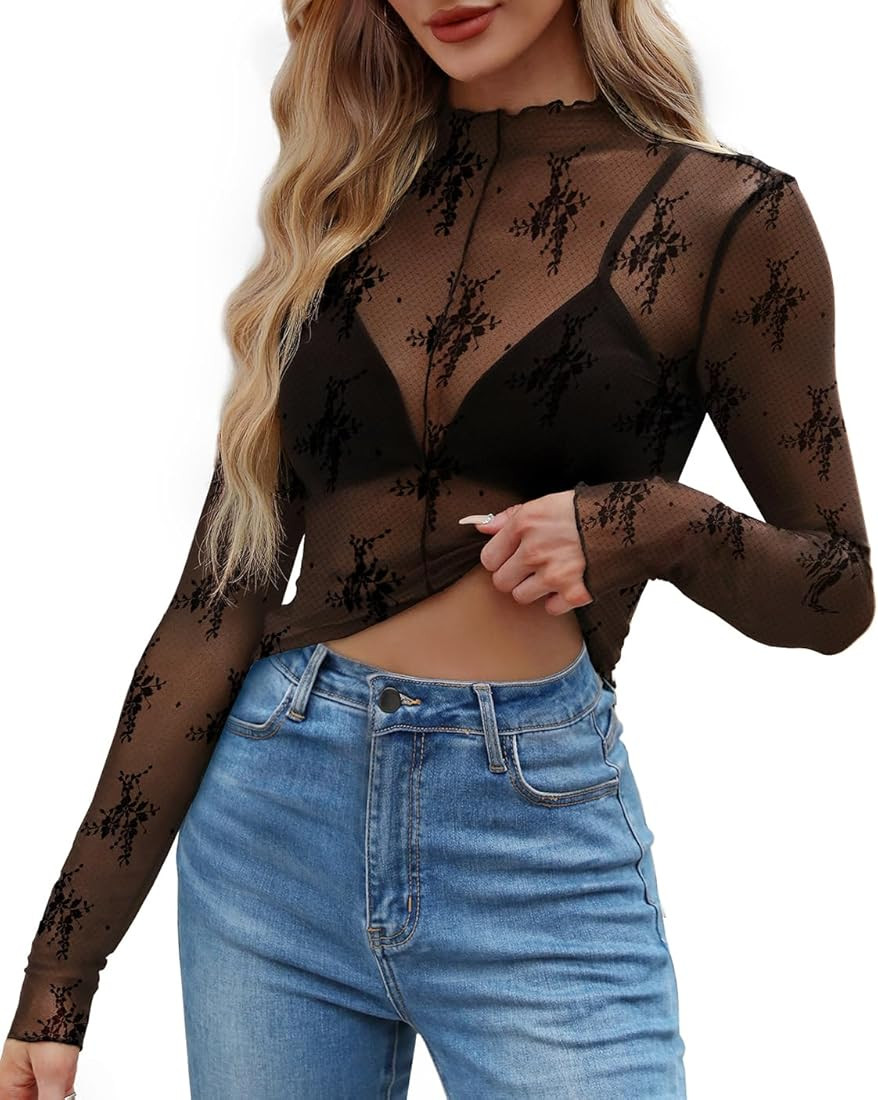 WIHOLL Womens Mesh Sheer Tops Sexy Crew Neck Summer Loose FIt Party Clubwear Shirts | Amazon (US)