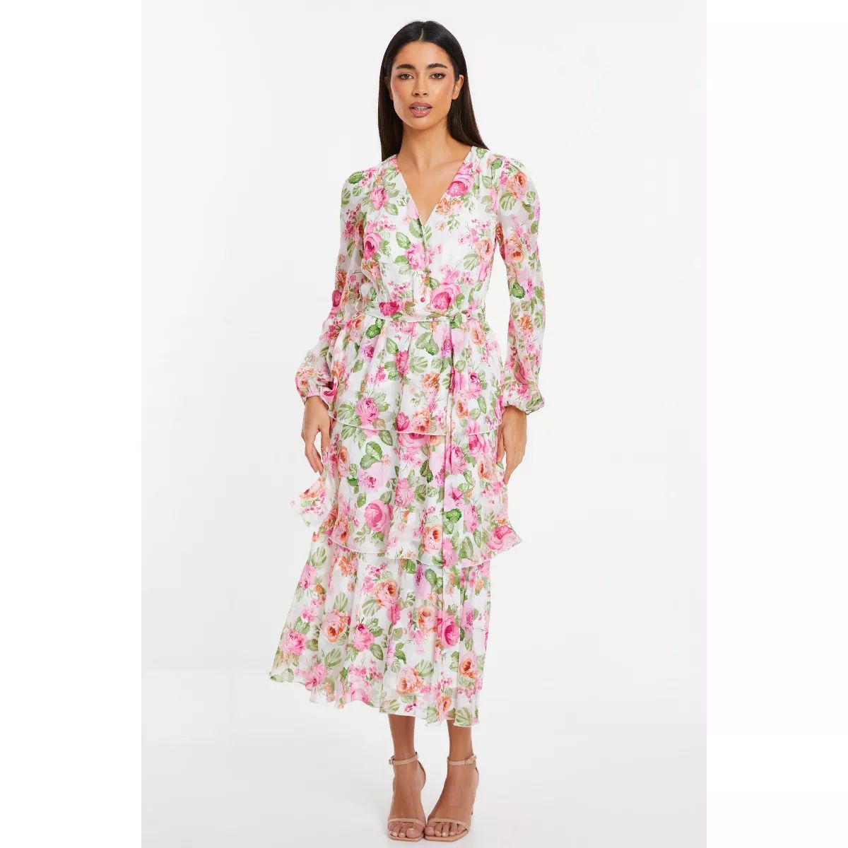QUIZ Women's Floral Chiffon Jacquard Button Detail Dress | Target