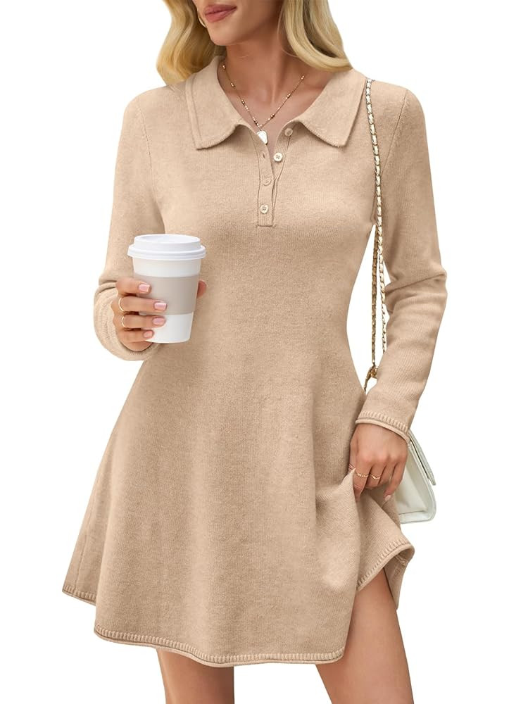 Saodimallsu Womens Sweater Dress 2025 Fall Polo Collared Long Sleeve Button V Neck A line Preppy ... | Amazon (US)