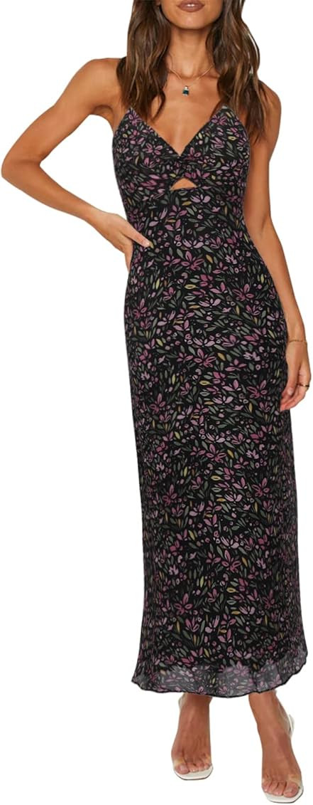 ZAFUL Women's Spaghetti Strap Floral Summer Hollow Twist Front Maxi Dresses Sexy Cutout V Neck Backl | Amazon (US)