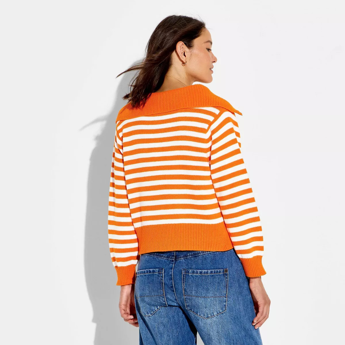 Women's Long Sleeve Quarter Zip Polo Sweater - Wild Fable\u2122 Orange Striped S | Target