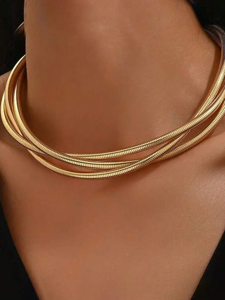 1 Pieza Collar Con Cadena De Metal Dorado Con Diseño De Capas, Cadena De Enlaces Gruesos Creativa Para Usar En Fiestas Y A Diario | SHEIN