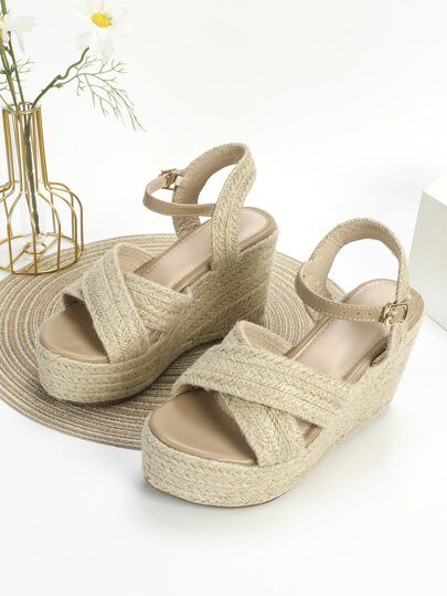 Women Criss Cross Buckle Decor Espadrille Sandals, Vacation Straw Ankle Strap Wedge Sandals For B... | SHEIN