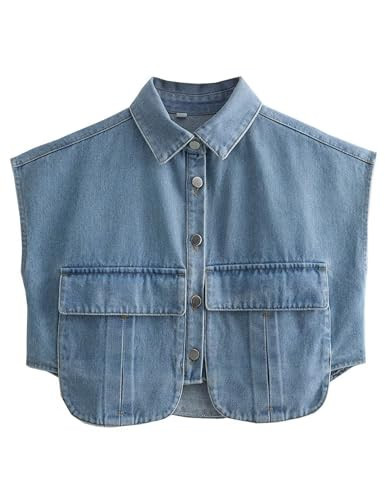 Wefebi Women Denim Vest Sleeveless Button Down Jean Jacket Waistcoat Crop Top with Pockets(LightBlue-S) | Amazon (US)