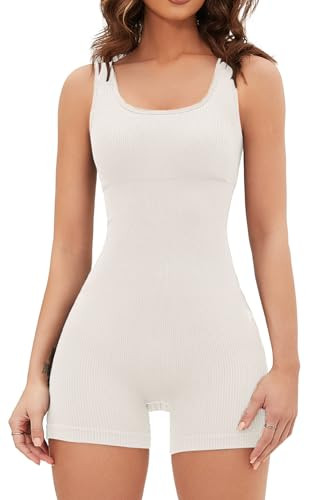 QINSEN Seamless Romper for Women Ribbed Workout Square Neck Padded Bra One Piece Short Jumpsuit Beige L | Amazon (US)