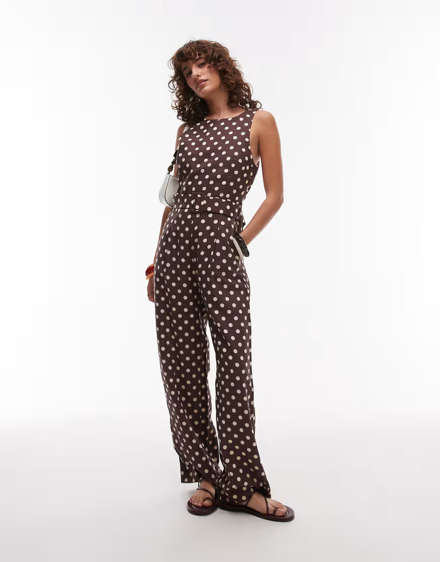 Mango straight leg high neck jumpsuit in brown polka dots | ASOS (Global)