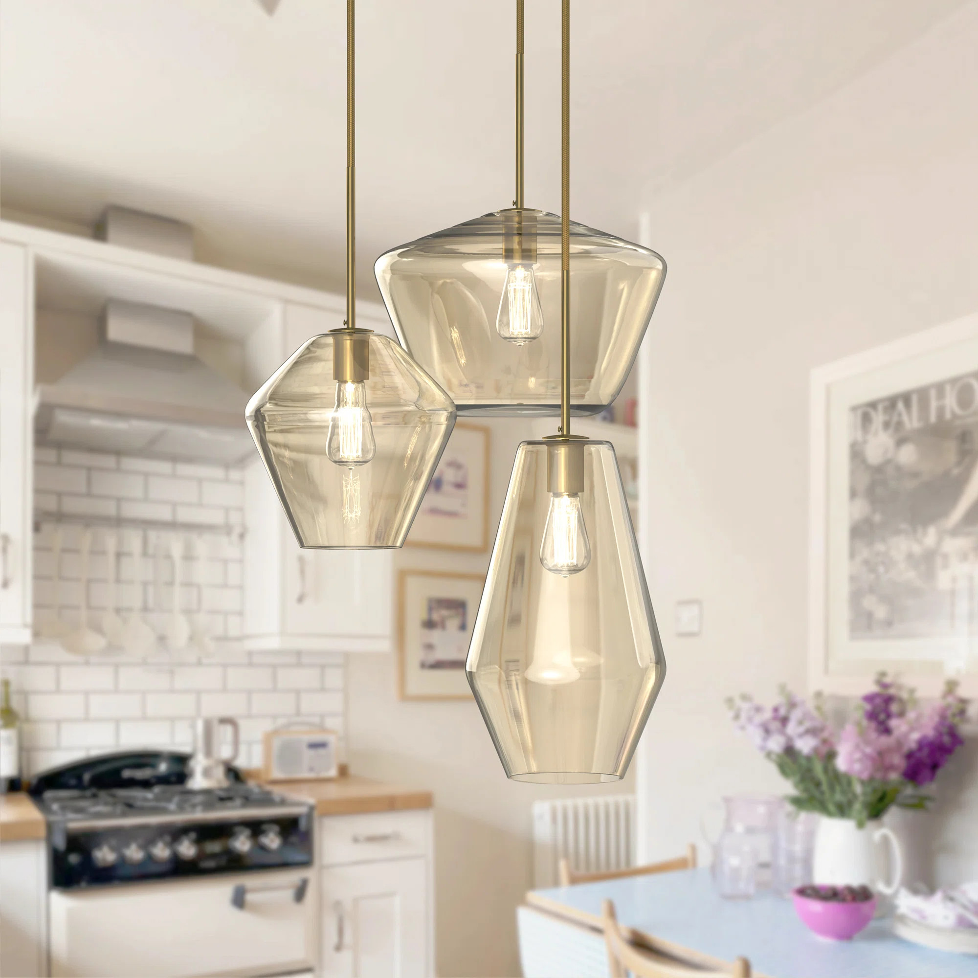 Everly Quinn Modern 3-light Champagne Gold Chandelier Cognac Glass Shade Pendant & Reviews | Wayf... | Wayfair North America