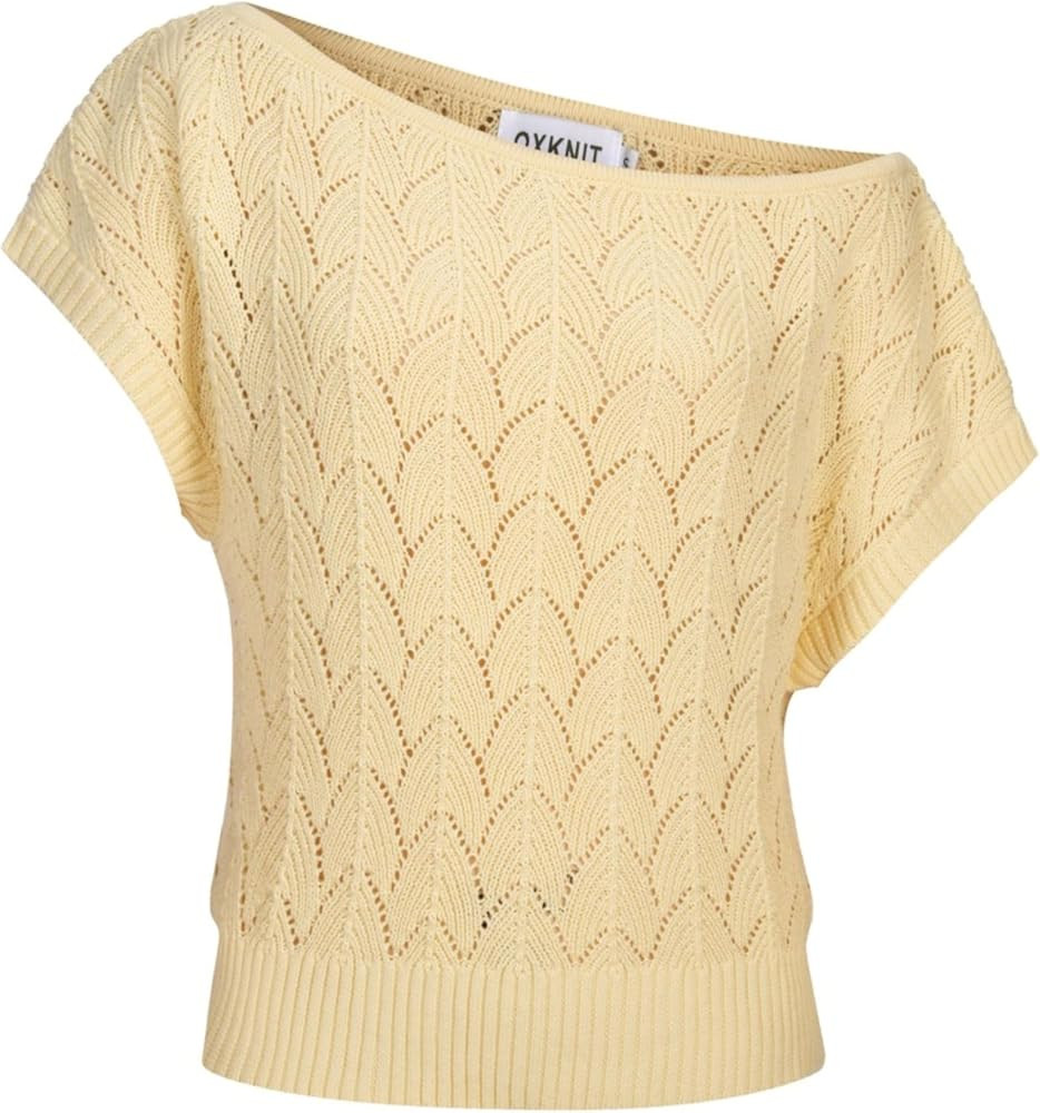 OXKNIT Knit Off The Shoulder T-Shirt for Women, Retro Hollow-Out Texture Ribbed Yellow Tops Tee S... | Amazon (US)
