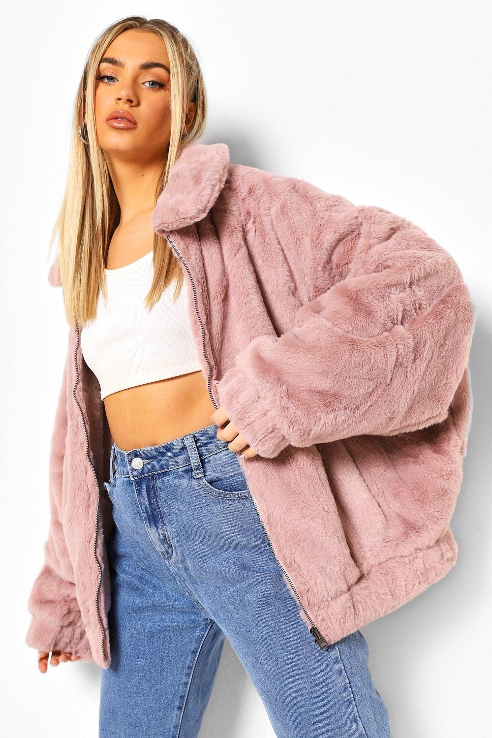 Womens Faux Fur Bomber Jacket - Pink - 10 | Boohoo.com (US & CA)