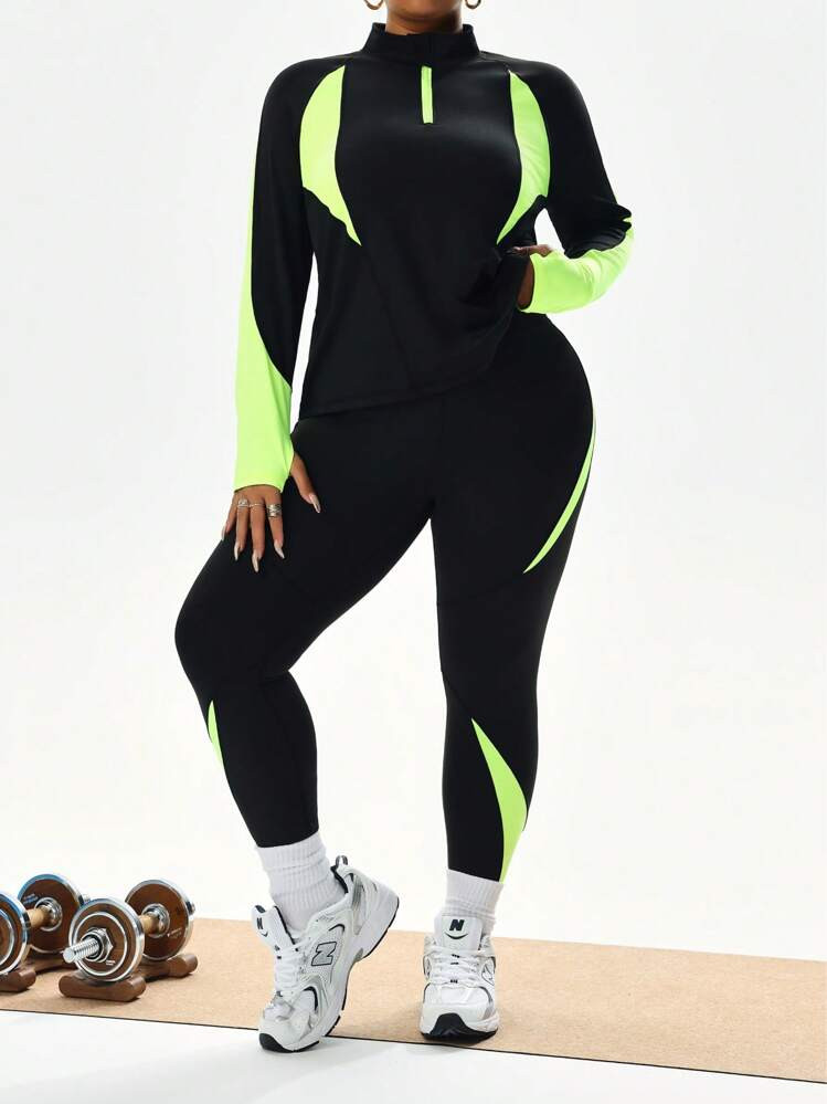Plus Size 2 Pieces Set: Long Sleeve Sweatshirt With Thumb Hole, Slim Fit High Waisted Leggings, Neon Patchwork Design | SHEIN