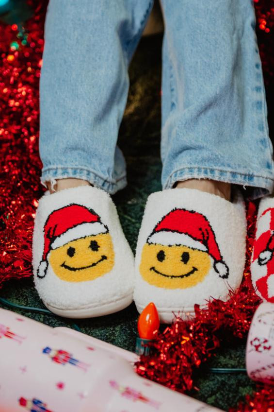 Santa Christmas Happy Face Sherpa Slippers | Katydid.com