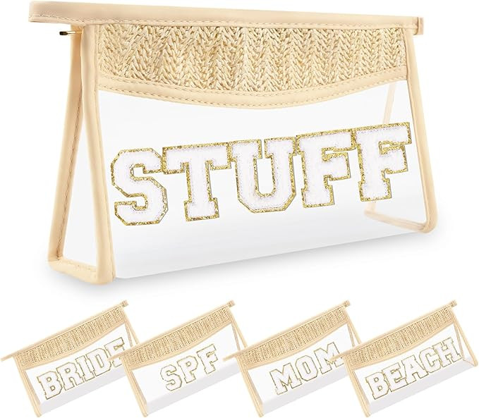 Small Boho Straw Clear Stuff Makeup Bags for Women&Girls, Zipper Cosmetic Bag Chenille Varsity Le... | Amazon (US)