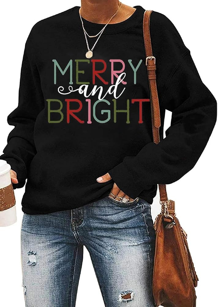 Womens Casual Merry Christmas Sweatshirts Merry and Bright Christmas Tree Printed Sweatshirt Long... | Amazon (US)