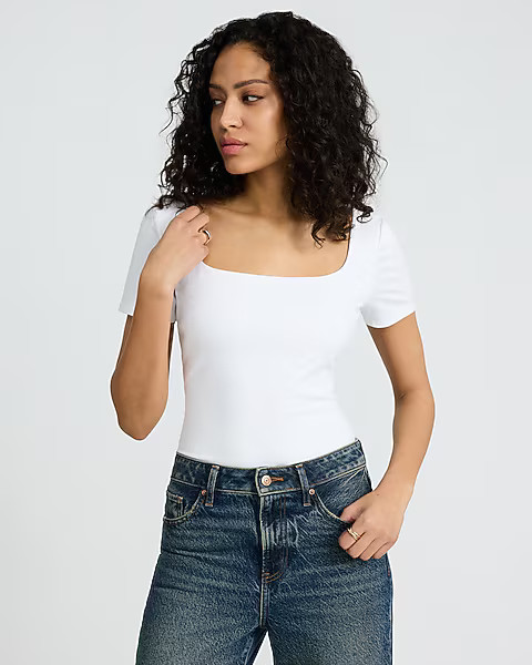 Body Contour Stretch Cotton Square Neck Bodysuit | Express