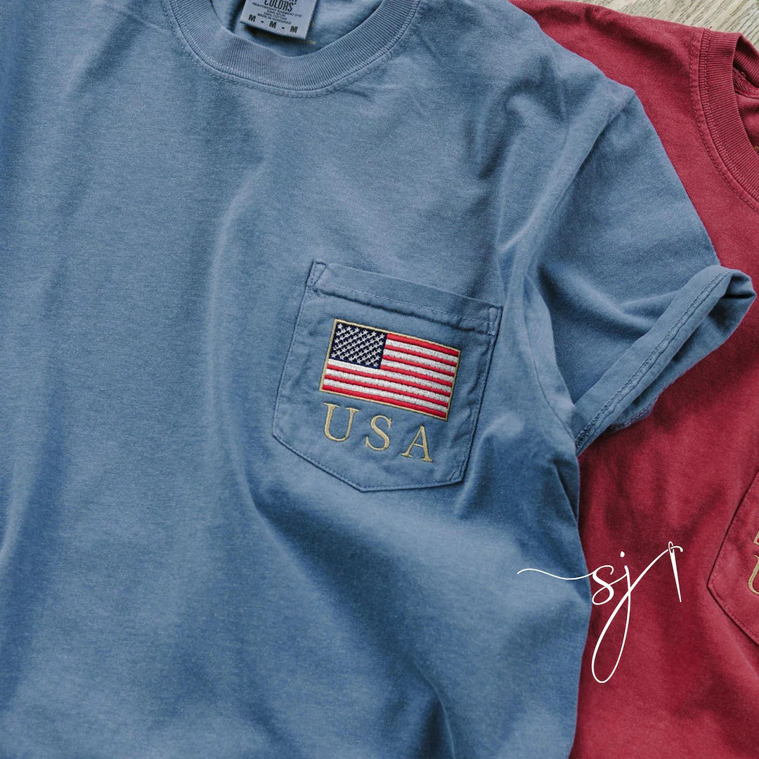 USA Flag Embroidered Pocket Tee, USA Shirt 4th of July Independence Day Patriotic, Long Sleeve, S... | Etsy (US)