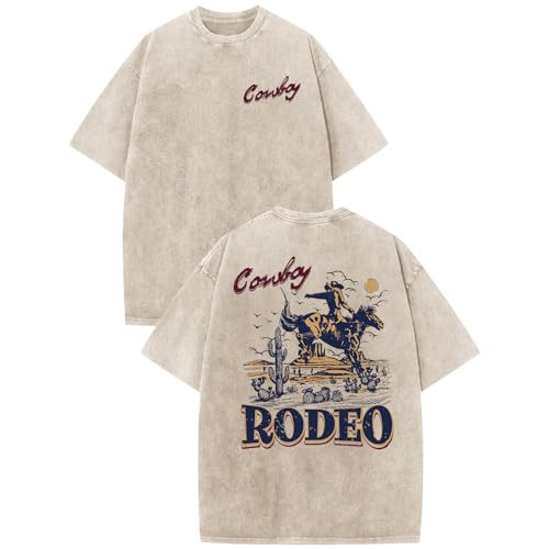 Bobeutou Western Shirts for Men Vintage Rodeo Cowboy Shirt Oversized Graphic Tees Country Concert Acid Wash T-Shirts Tops (Apricot,L) | Amazon (US)