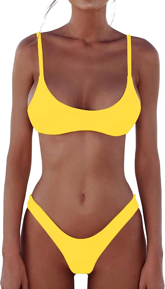 Womens 2 Piece Brazilian Thong Bikini Sets High Cut Swimsuits Padded Scoop Neck Push Up Top Bathi... | Amazon (US)