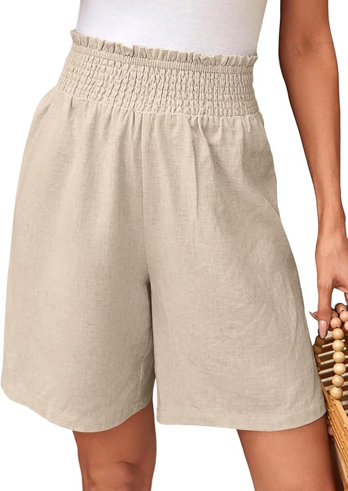 EVALESS Womens Linen Shorts Casual Smocked Elastic Waist Summer Beach Bermuda Shorts | Amazon (US)