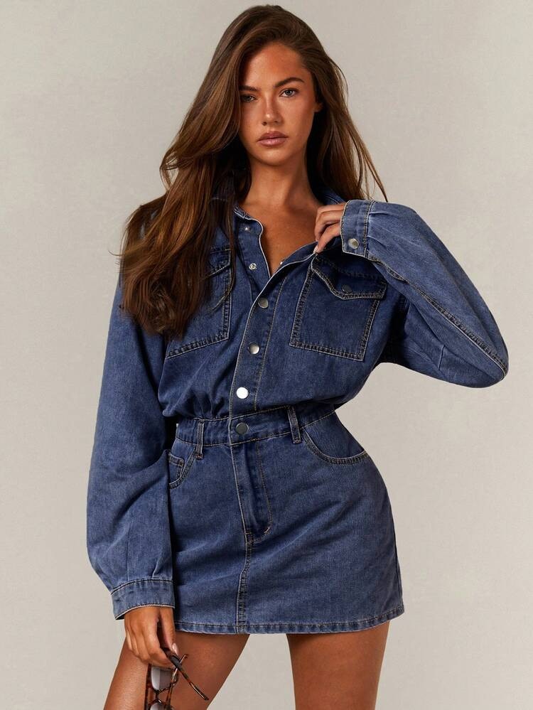 Athîral Women's Long Sleeve Utility Pocket Single-Breasted Casual Denim Dress | SHEIN