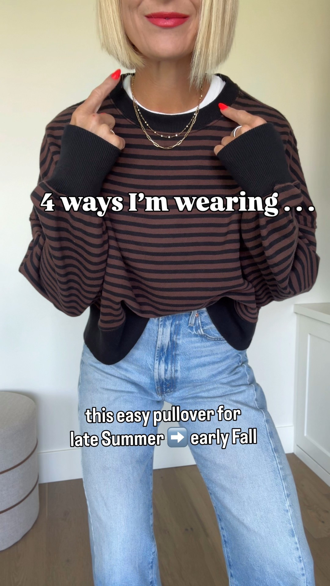 🚨TODAY ONLY, 8/10 — use code: APPY for 30% off!
Four ways I’m wearing this comfy sweatshirt for late summer 👉early Fall
 Sizing:
Striped pullover sweatshirt: fits oversized. I’m wearing a small— 
Jeans: fit tts
Black shorts: tts
Denim shorts: tts
White jeans: size down
White tank & tshirt: fit tts
Shoes: black studded mules, go 1/2 down, adidas: go 1/2 size down, clogs fit tts but consider going 1/2 size up if you plan to wear socks


#LTKActive #LTKOver40 #LTKautumn