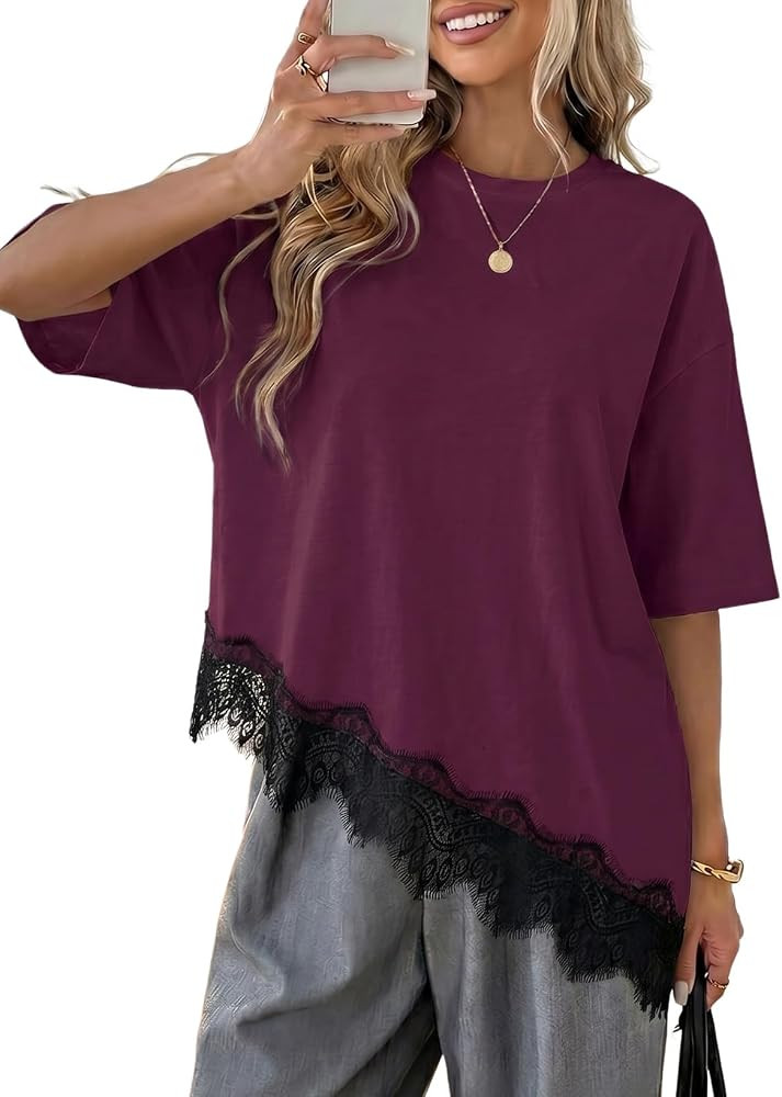 LOLONG Women Casual Crew Neck Half Sleeve Shirt Asymmetrical Lace Hem Tops | Amazon (US)