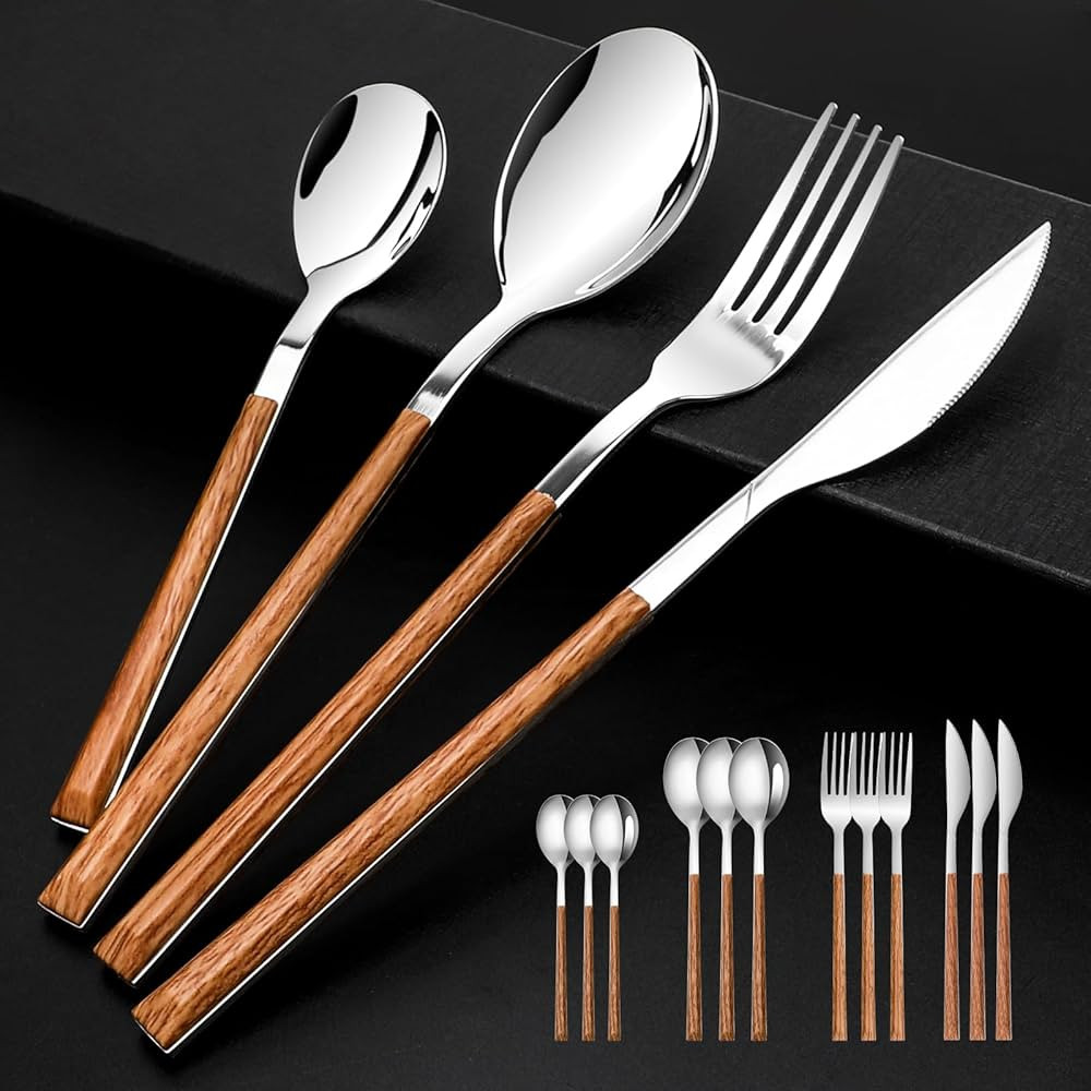 Stainless Steel Flatware Set for 4, Cutlery Utensils Set with Simulated Wooden Handle Include Kni... | Amazon (US)