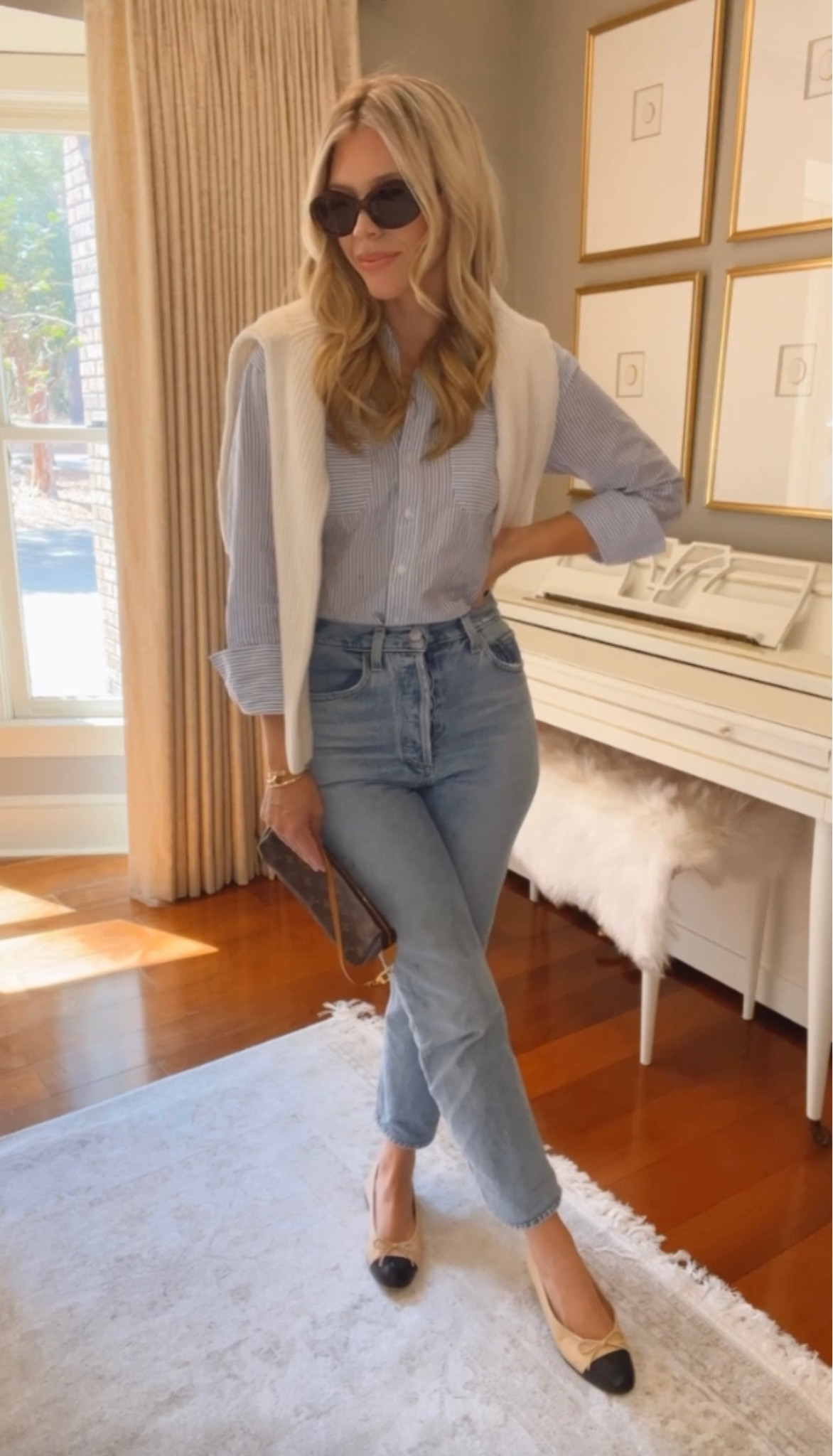 Minimal Style: denim, blue jeans, blue and white button down, cream fisherman sweater, sweater, fall outfit, ballet flats, two toned ballet flats, fall outfits, fall fashion, jeans, thanksgiving 

#LTKshoecrush #LTKstyletip #LTKSeasonal