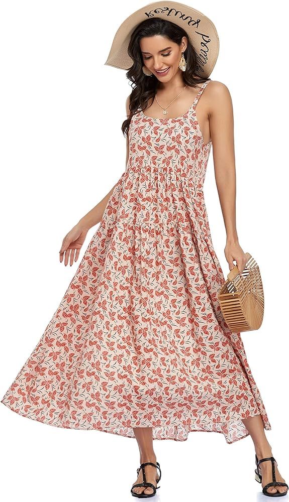 Women's Sleeveless Floral Maxi Dresses Spaghetti Strap Long Beach Boho Tropical Summer Dress | Amazon (US)