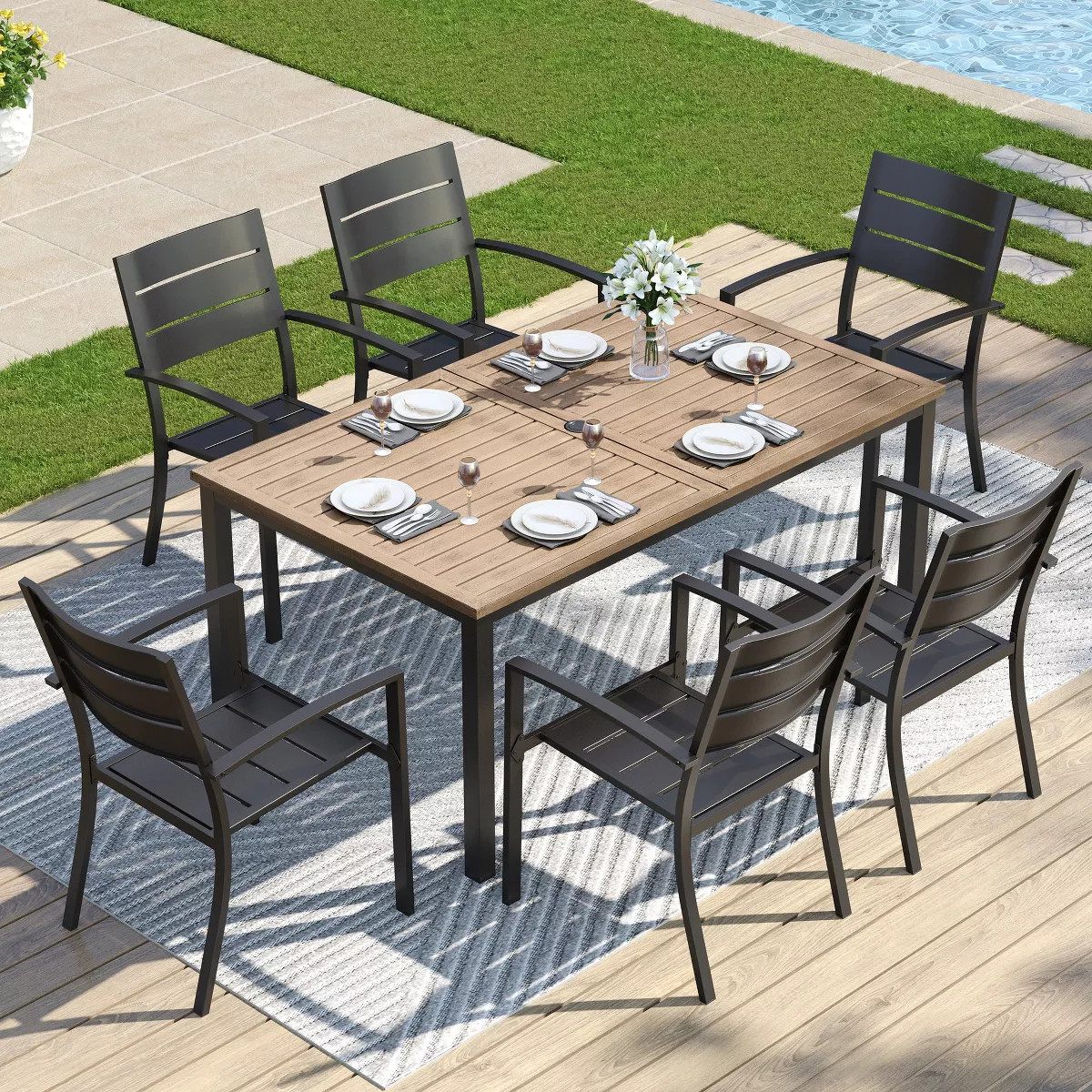 Captiva Designs 7pc Patio Light Brown Wood-like Dining Steel Table & Metal Chairs with Stripe Bac... | Target