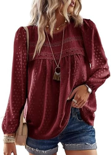 Falechay Womens Tops Flowy Boho Dressy Casual Lace Cute Long Sleeve Shirts | Amazon (US)