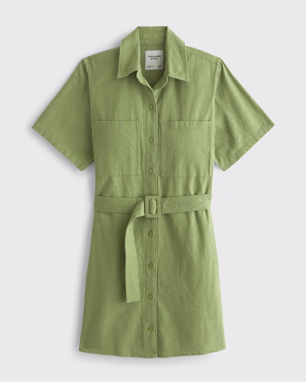 Belted Linen-Blend Mini Shirt Dress | Abercrombie & Fitch (US)