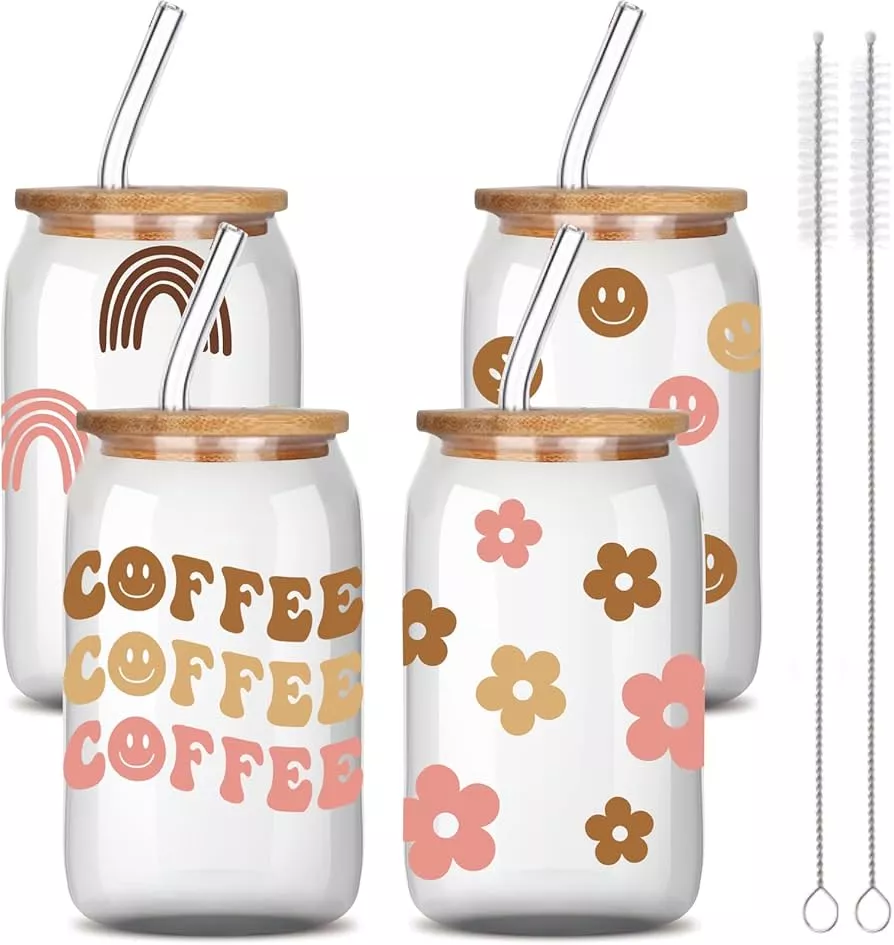 Glass Cups with Lids and Straws with Boho Design, 4Pcs Ice Coffee