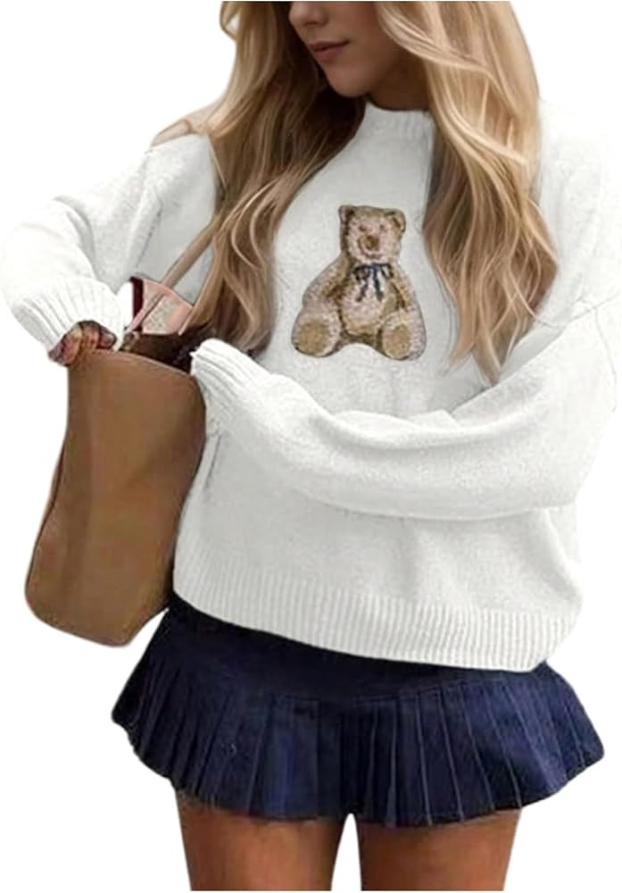 Floerns Women's Bear Long Sleeve Pullover Sweater Cute Crew Neck Knitted Tops | Amazon (US)