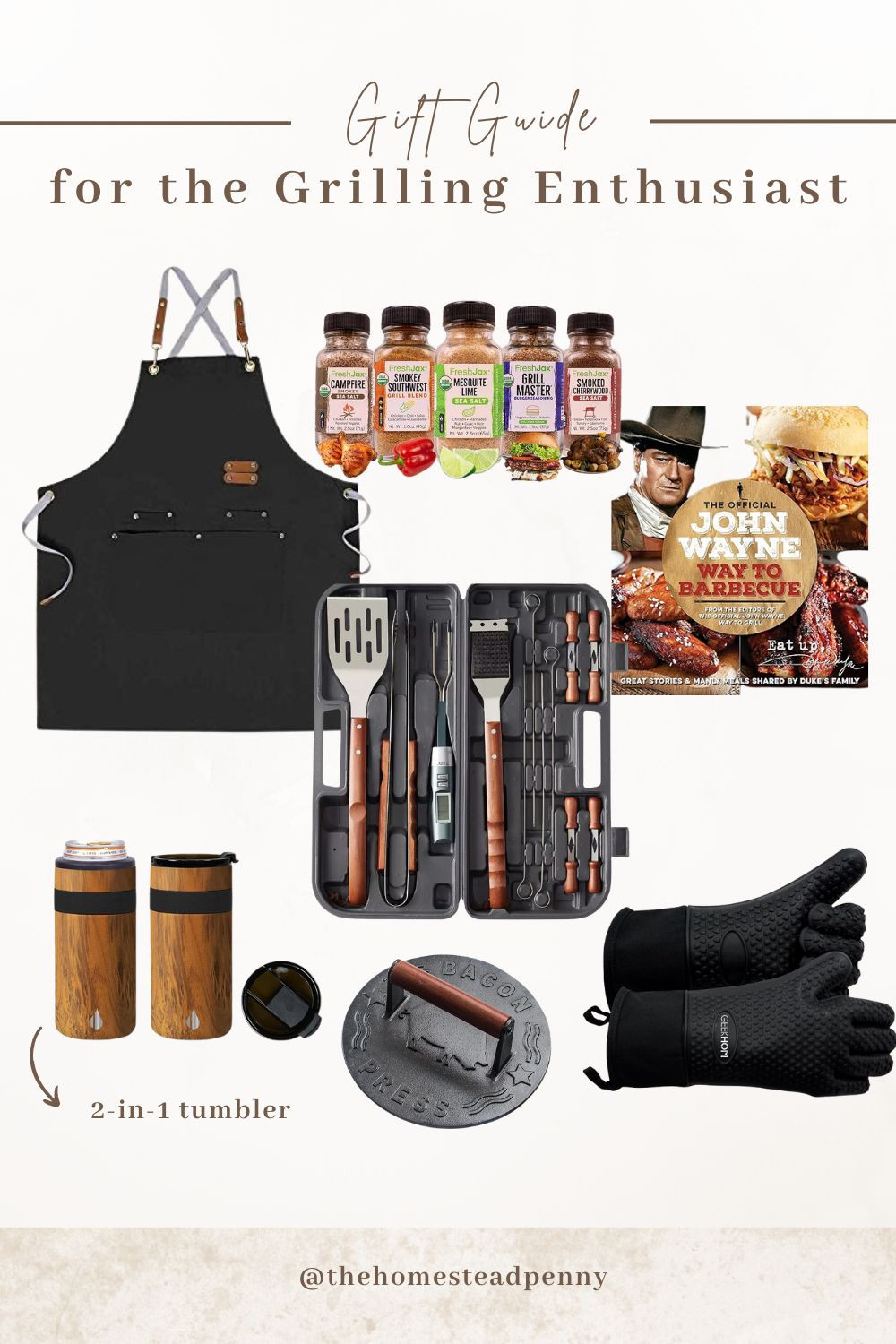 Gift guide for the grilling enthusiast! 

Grilling apron, grilling tool set, gifts for him, grilling, gifts for husband, tumbler, John Wayne cookbook, bbq seasoning set 

 #LTKGiftGuide #LTKHoliday