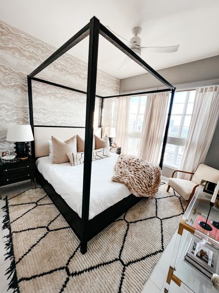 My bedroom 🫶🏻 

Home. Home decor, bedroom, canopy bed, black canopy bed, rug, lamp, black lamp, nightstand, loloi rug, curtains, amazon curtains, white curtains, neutral home decor, kelly wearstler lamp, black kelly wearstler lamp, wallpaper, black nightstand, modern style

#LTKhome