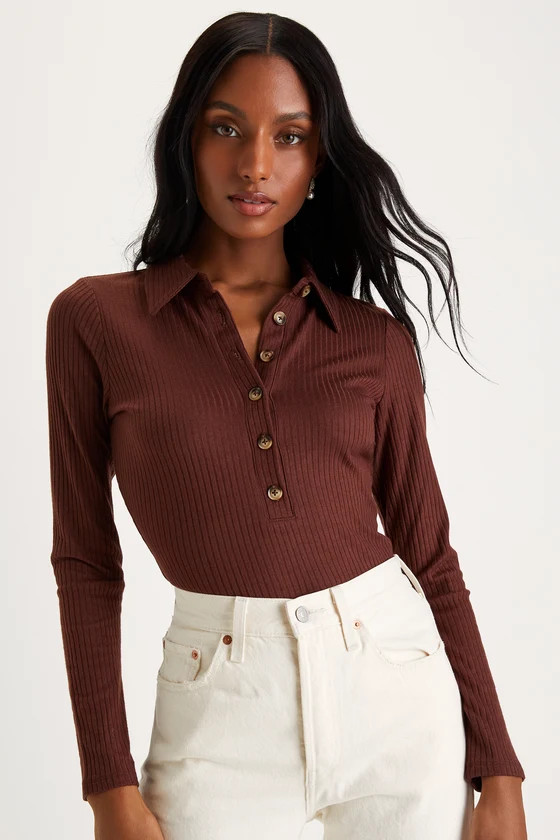Daily Chic Chocolate Brown Ribbed Long Sleeve Polo Top | Lulus (US)