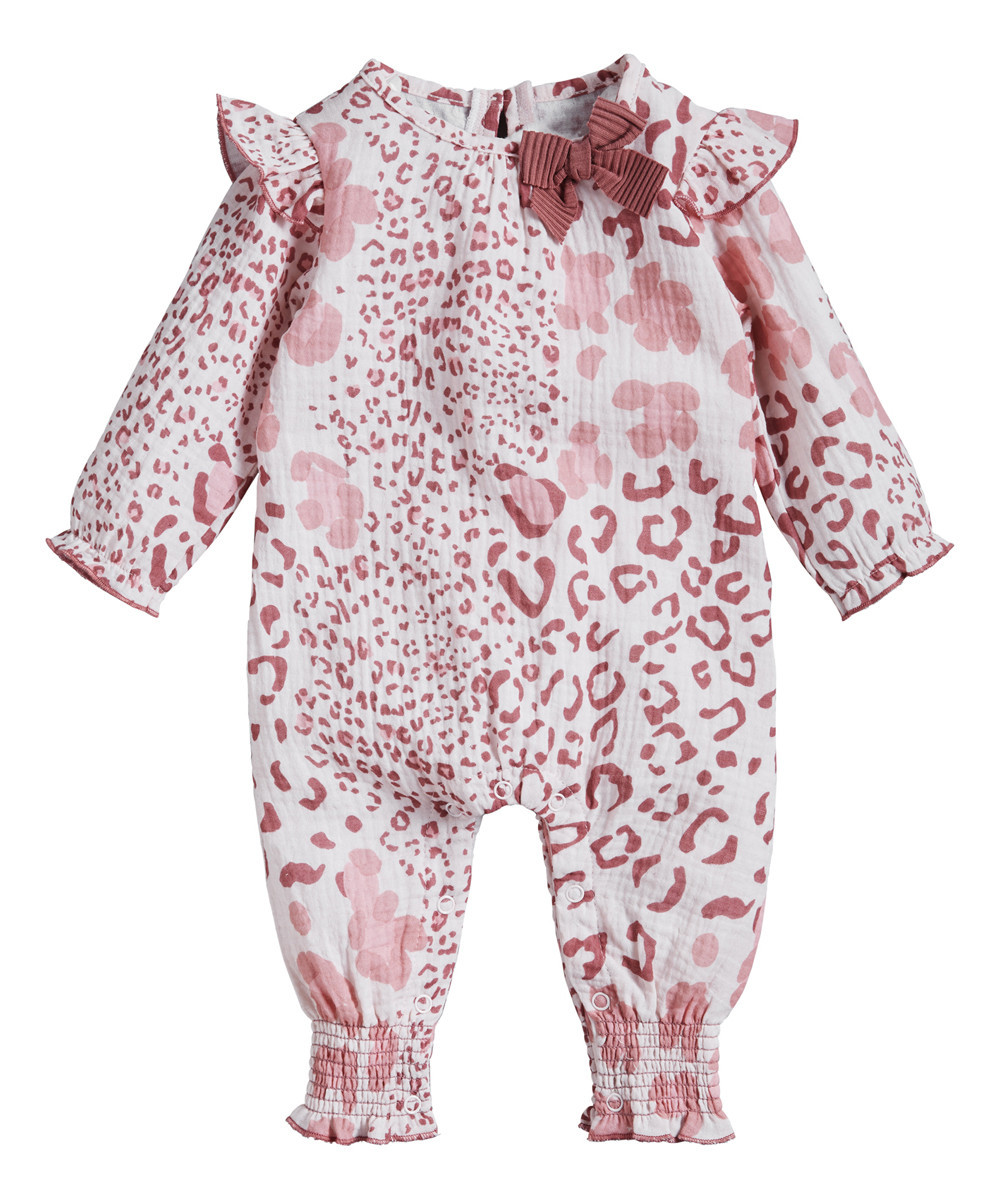 Mud Pie Girls' Rompers pink - Pink & Mauve Leopard Angel-Sleeve Playsuit - Infant | Zulily