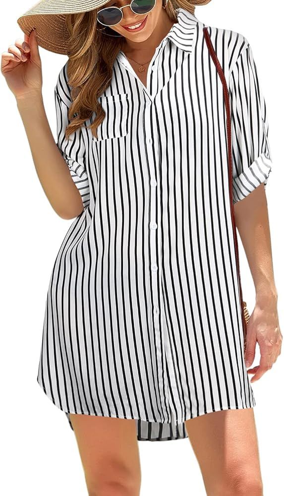 Pinup Fashion Womens Swimsuit Coverup 3/4 Sleeve Button Up Swim Cover Ups for Women Shirt Bathing... | Amazon (US)