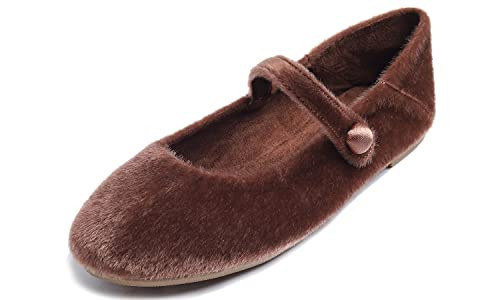 FEVERSOLE Women's Mary Jane Fashion Round Toe Easy Buckle Slip On Cozy Warm Flats Brown Plush Size 9.5 M US | Amazon (US)