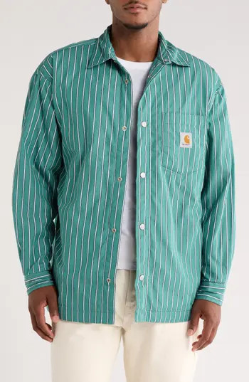 Carhartt Work In Progress Grimsby Stripe Shirt Jacket in Grimsby Stripe, Saguaro at Nordstrom Rack, Size Xx-Large | Nordstrom Rack