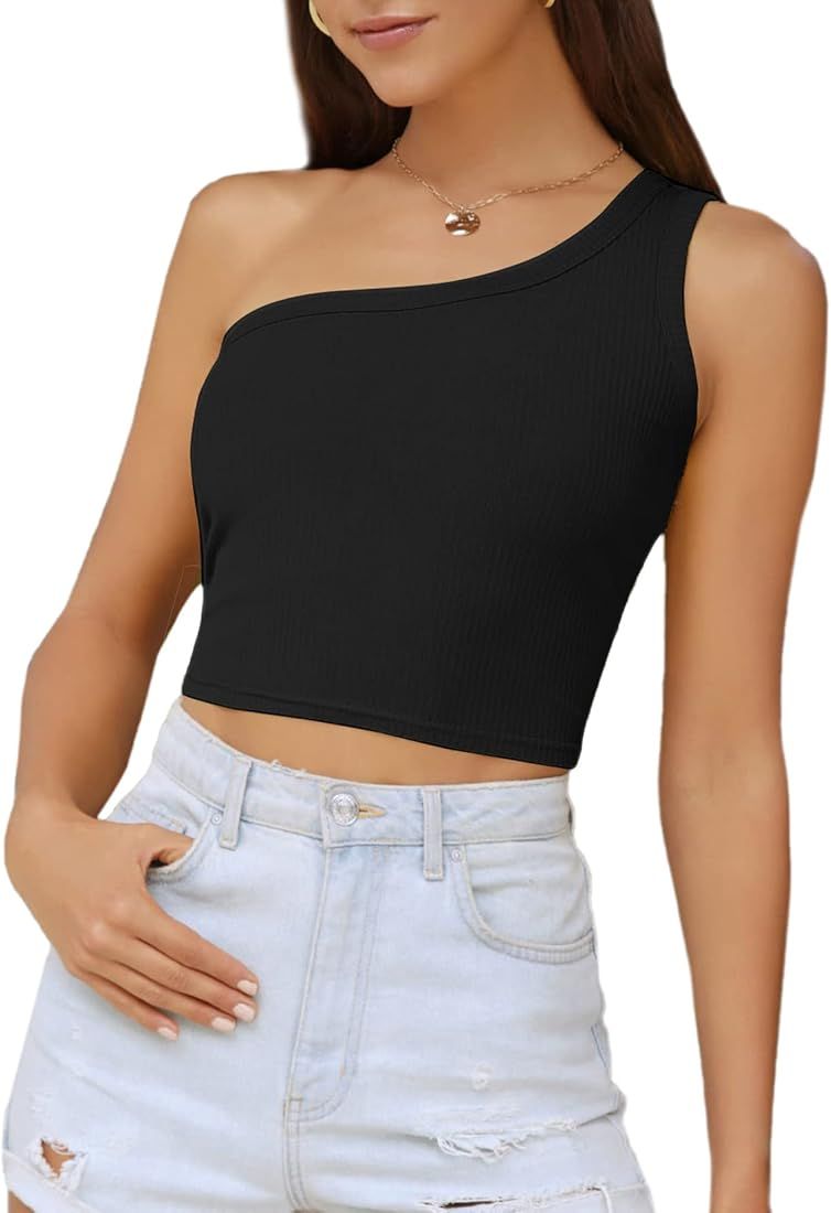 Verdusa Women's Sexy One Shoulder Sleeveless Ribbed Crop Top | Amazon (US)