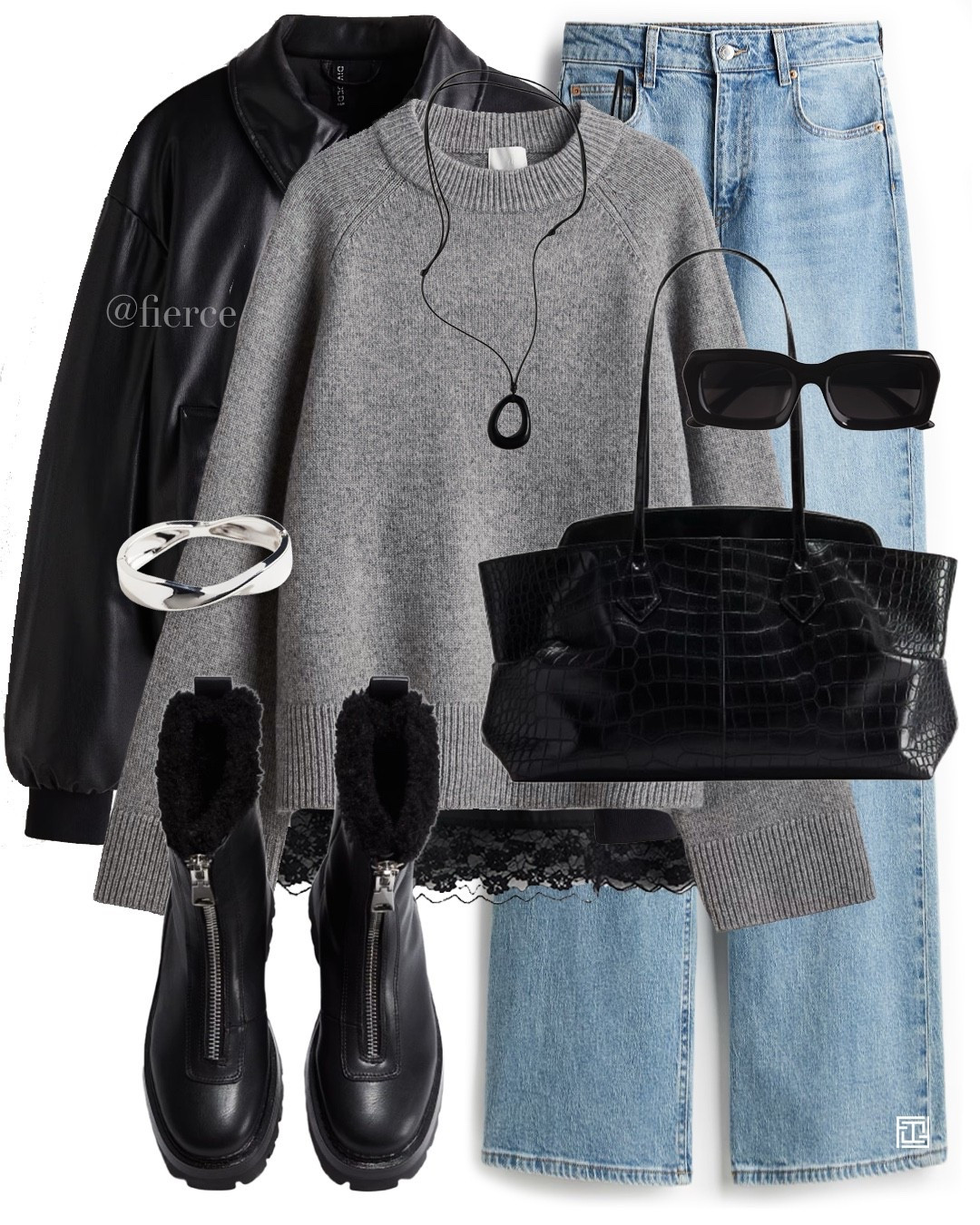 H&M Blue jeans grey oversized jumper lace trim cami top black leather bomber jacket black warm lined zipped ankle boots black croc leather tote bag casual chic outfit city break weekend 

#LTKeurope #LTKwinter #LTKuk
