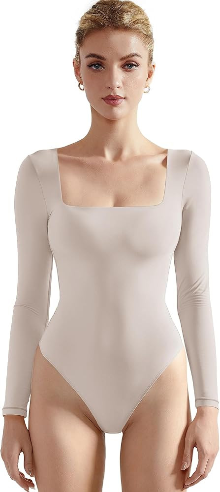 SUUKSESS Women Square Neck Long Sleeve Bodysuit Sexy Thong Bodysuit Shirts | Amazon (US)
