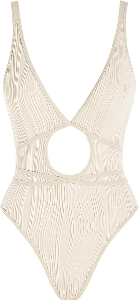 ZAFUL One Piece Swimsuit for Women Plunging Neck U Back Textured Criss Cross Tied One-piece Bathi... | Amazon (US)